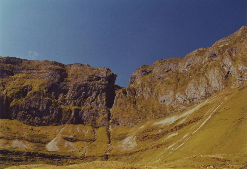 The limestone slopes and green landscape of Benbulben in County Sligo.